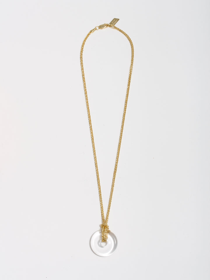 14kt Yellow Gold Square Wheat Chain & Quartz Pendant Necklace pictured on light grey background.