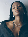 Sterling Silver Bar Link Chain & Pearl Necklace pictured on model. 