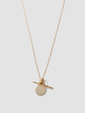 14Kt Yellow Gold Disk and Toggle Necklace pictured on light grey background.