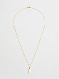 14kt Yellow Gold Rectangular ID Charm Necklace pictured on light grey background.