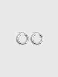 Product shot of thick sterling silver tru hoops shot on white background.