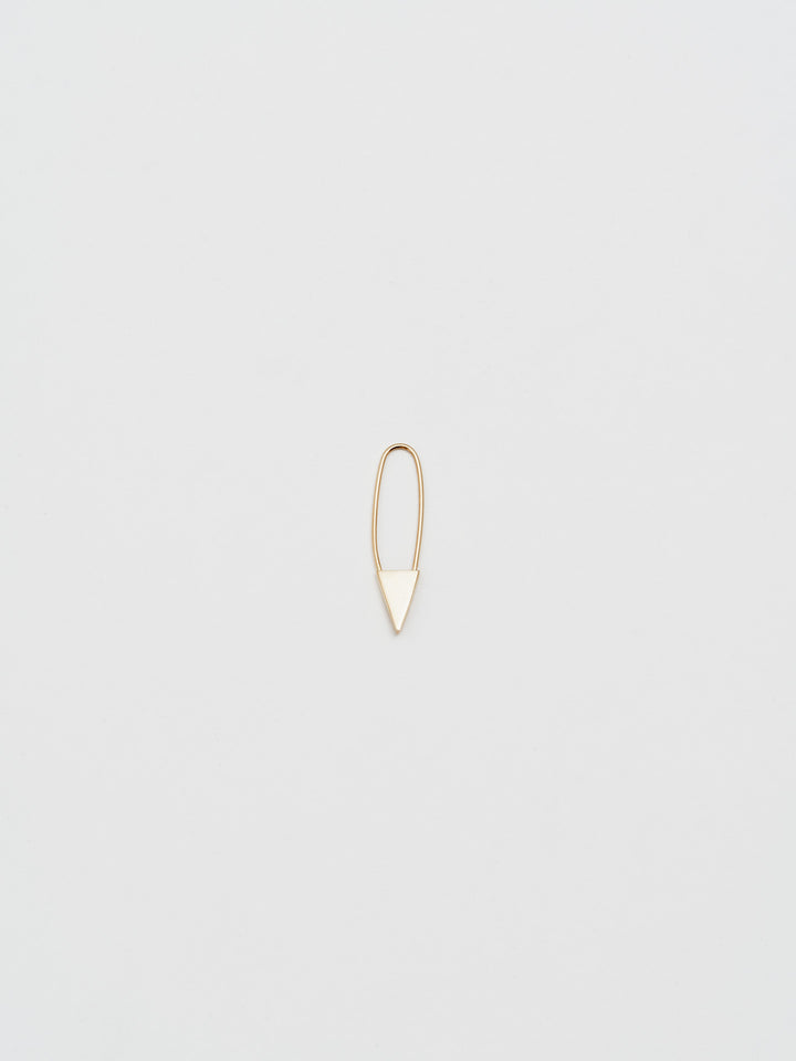 Mini Triangle Safety Pin Earring in Yellow Gold, light grey background.