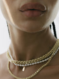14kt Yellow Gold Pearl Id Charm Necklace pictured on modele neck,,
