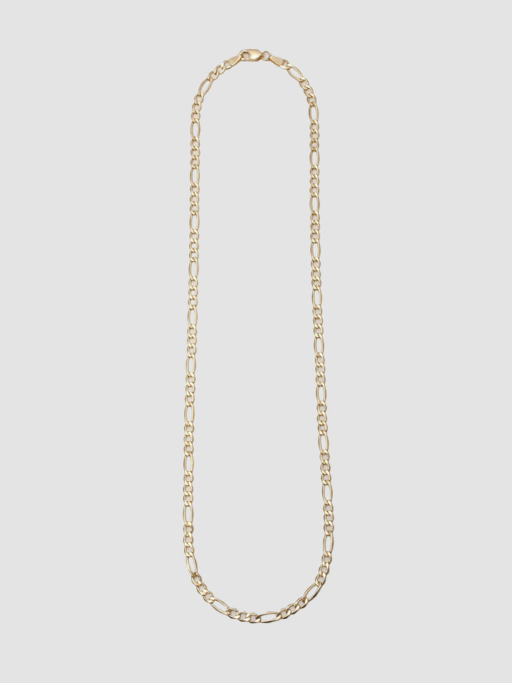 14kt Yellow Gold Hollow Figaro Chain Necklace pictured on light grey background. 