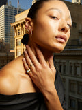 14Kt Yellow Gold Dome Ring pictured on models index finger. City background.