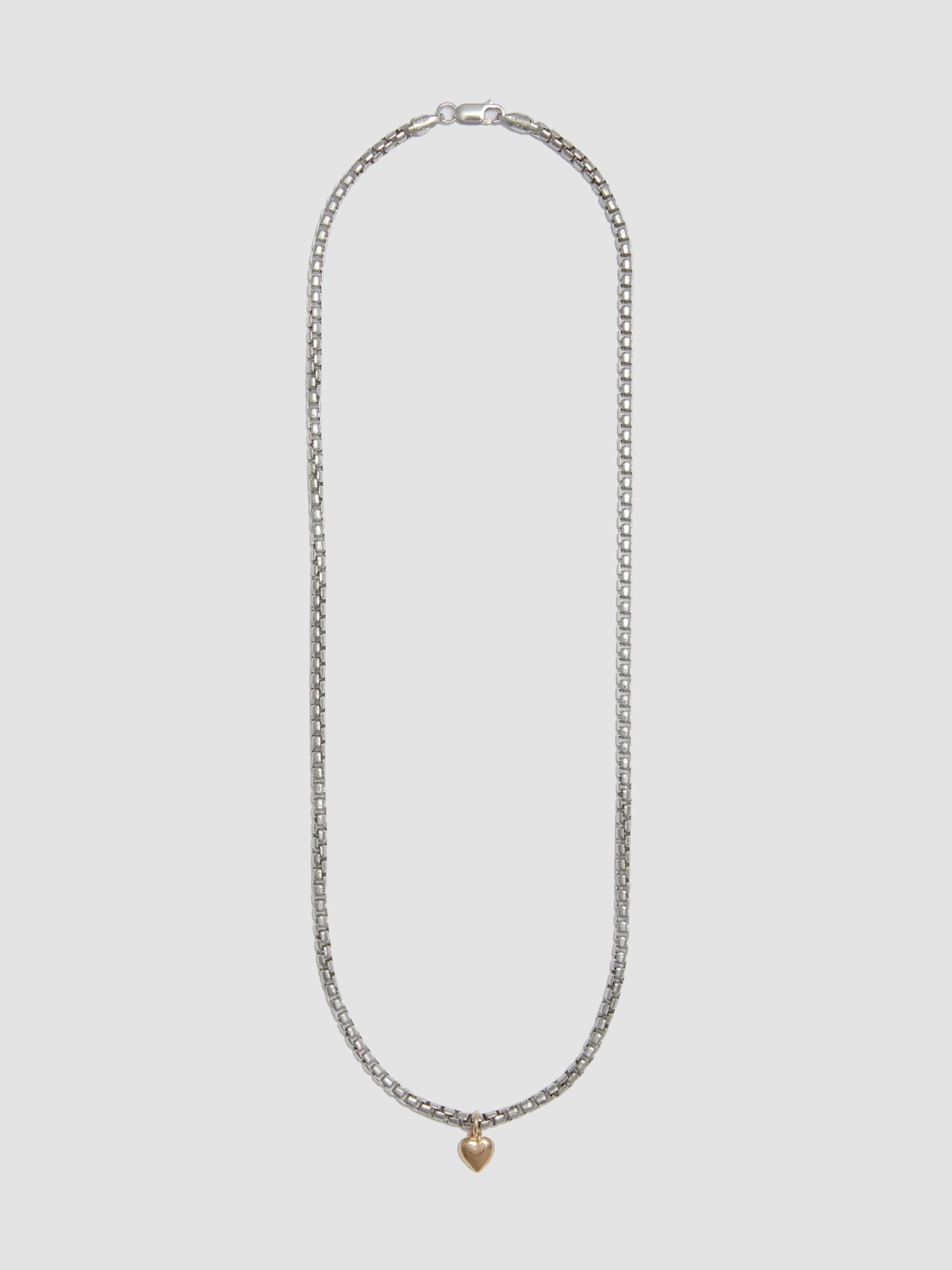 Gordita Necklace: Sterling Silver Round Box Chain 3.3mm Wide 20'' Total Length 14kt Yellow Gold Puff Heart Pendant
