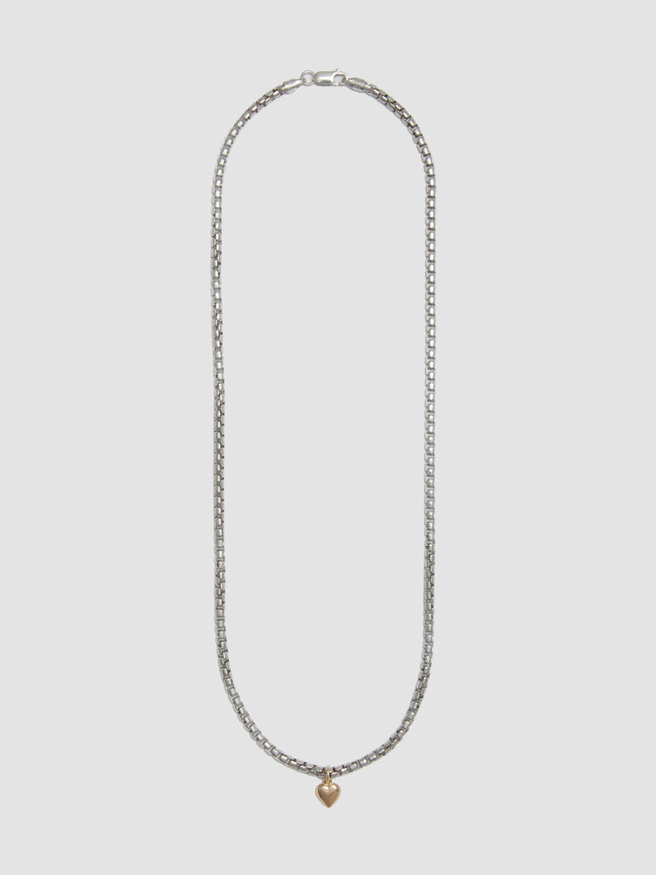 Gordita Necklace: Sterling Silver Round Box Chain 3.3mm Wide 20'' Total Length 14kt Yellow Gold Puff Heart Pendant