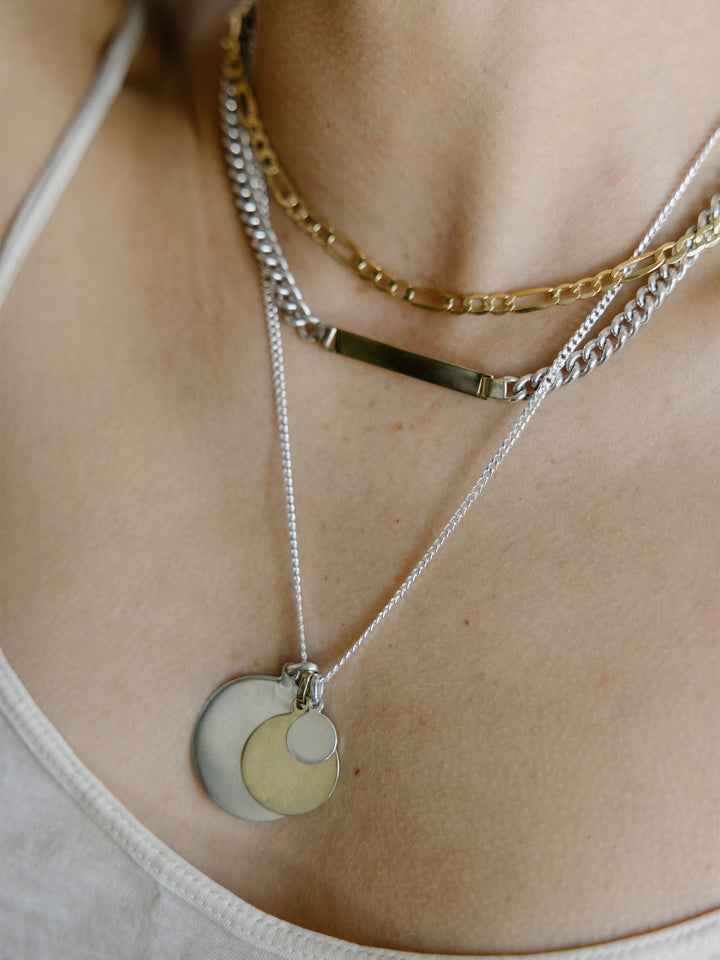 XL Sterling Silver Disk Pendant pictured on Petite Havana Chain. 