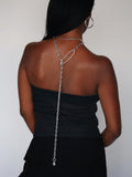 Industrial Safety Pin Body Chain Necklace pictured as lariat on model.