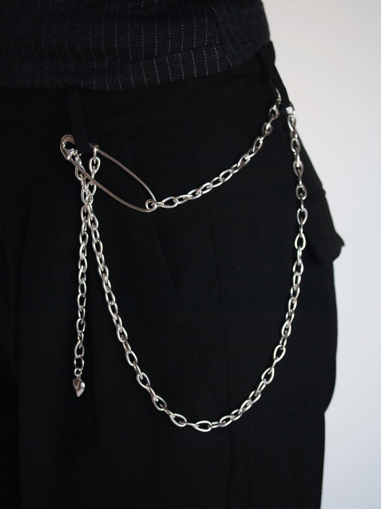 Sterling Silver Safety Pin Body Chain pictured on model as belt chain.