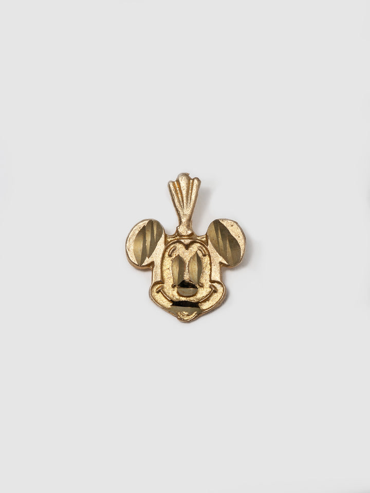 14kt Yellow Gold Etched Mickey Mouse Pendant shot on white background.