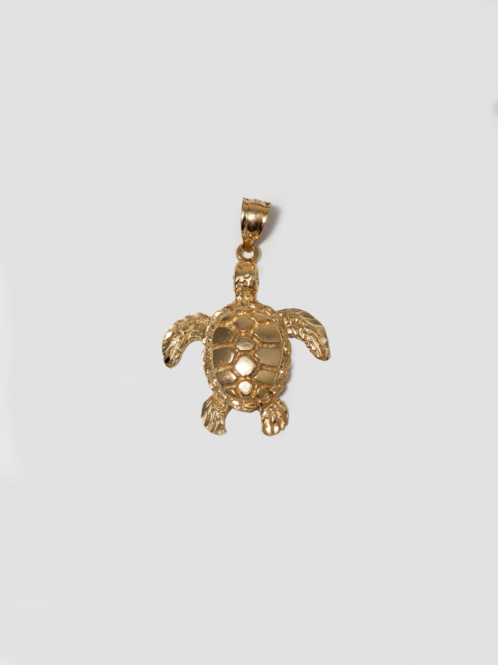 14kt Yellow Gold Turtle Pendant shot on white background.