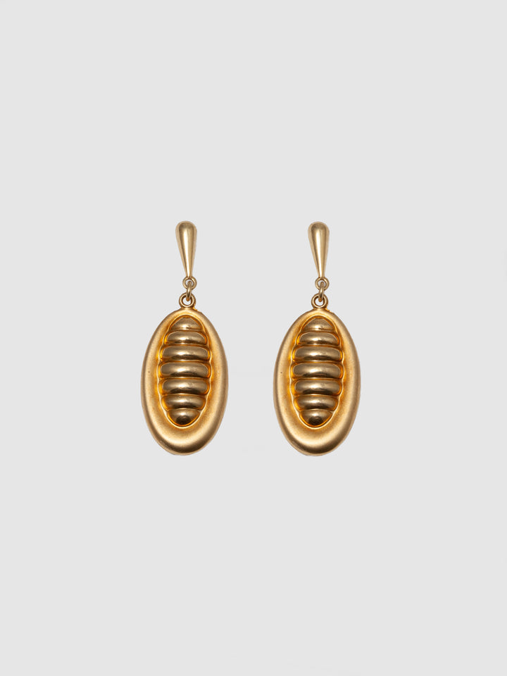 14kt Yellow Gold Mod Bee Earrings shot on white background.
