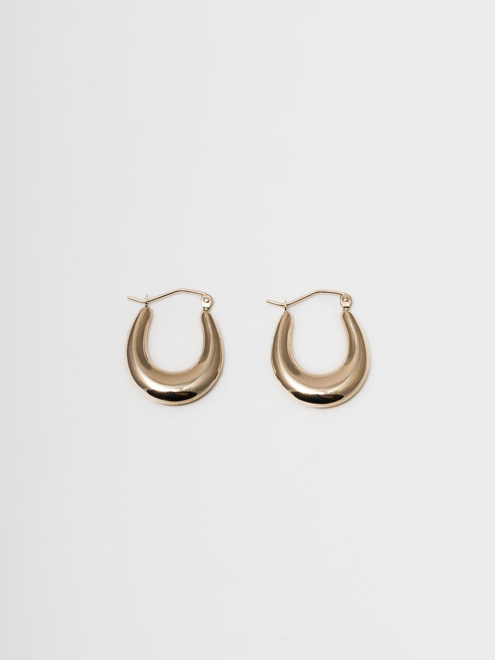 14kt Yellow Gold Dome Hammock Hoops pictured on light grey background, side by side.