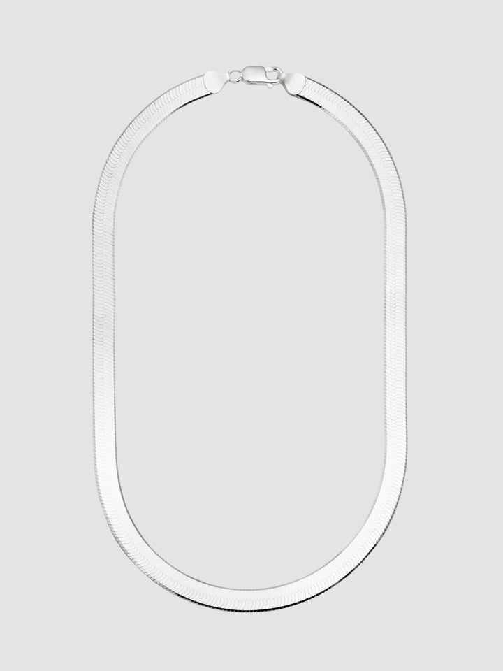 Sterling Silver Herringbone Chain Necklace shot on light grey background.