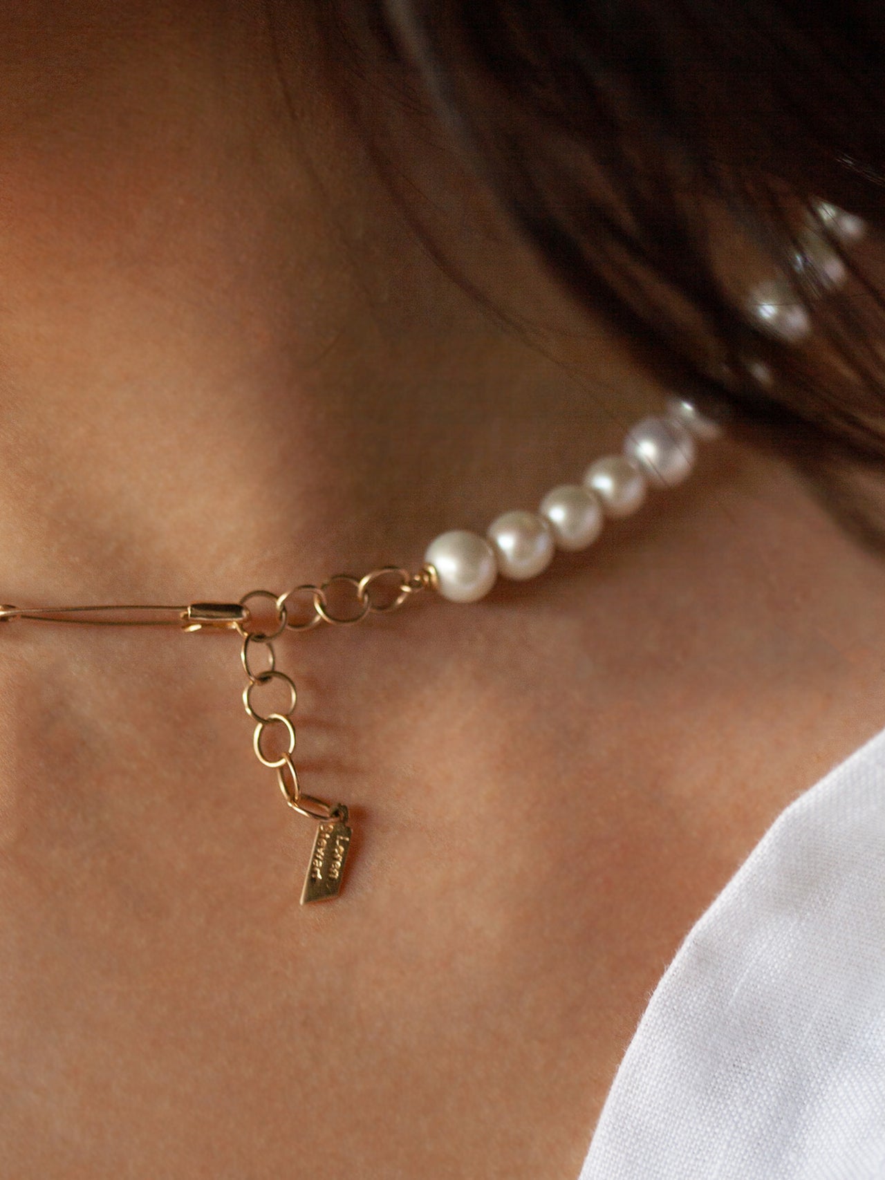 on model imagery of pearl safety pin choker