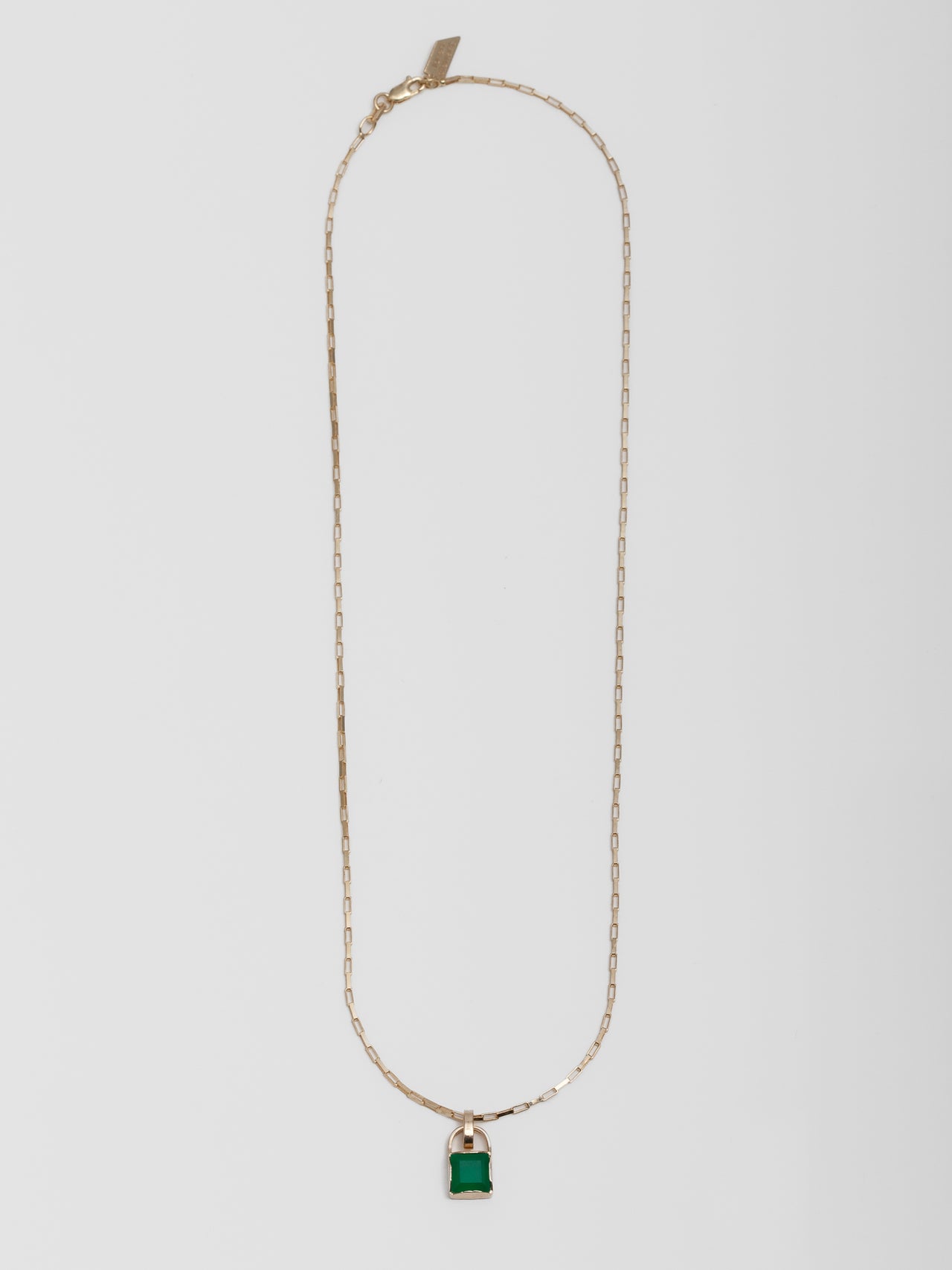 14kt Yellow Gold Gemstone Padlock Pendant pictured on the Petite Industrial Box Link Chain Necklace. From a far. 
