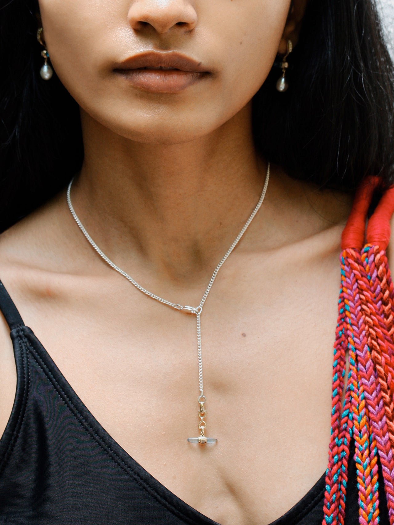 Mixed Metal Lunette Barbell Link Necklace