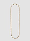 14kt Yellow Gold Solid Figaro Chain Necklace pictured on light grey background.