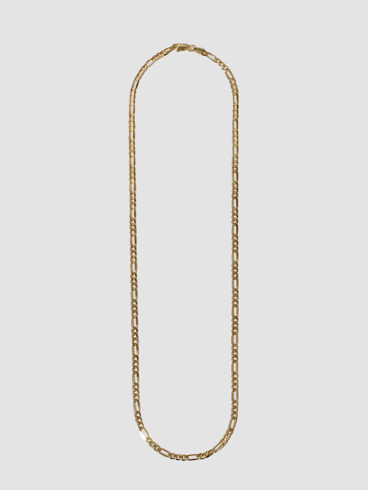 14kt Yellow Gold Solid Figaro Chain Necklace pictured on light grey background.