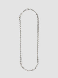 Sterling Silver Rolo Chain Necklace pictured on light grey background. 