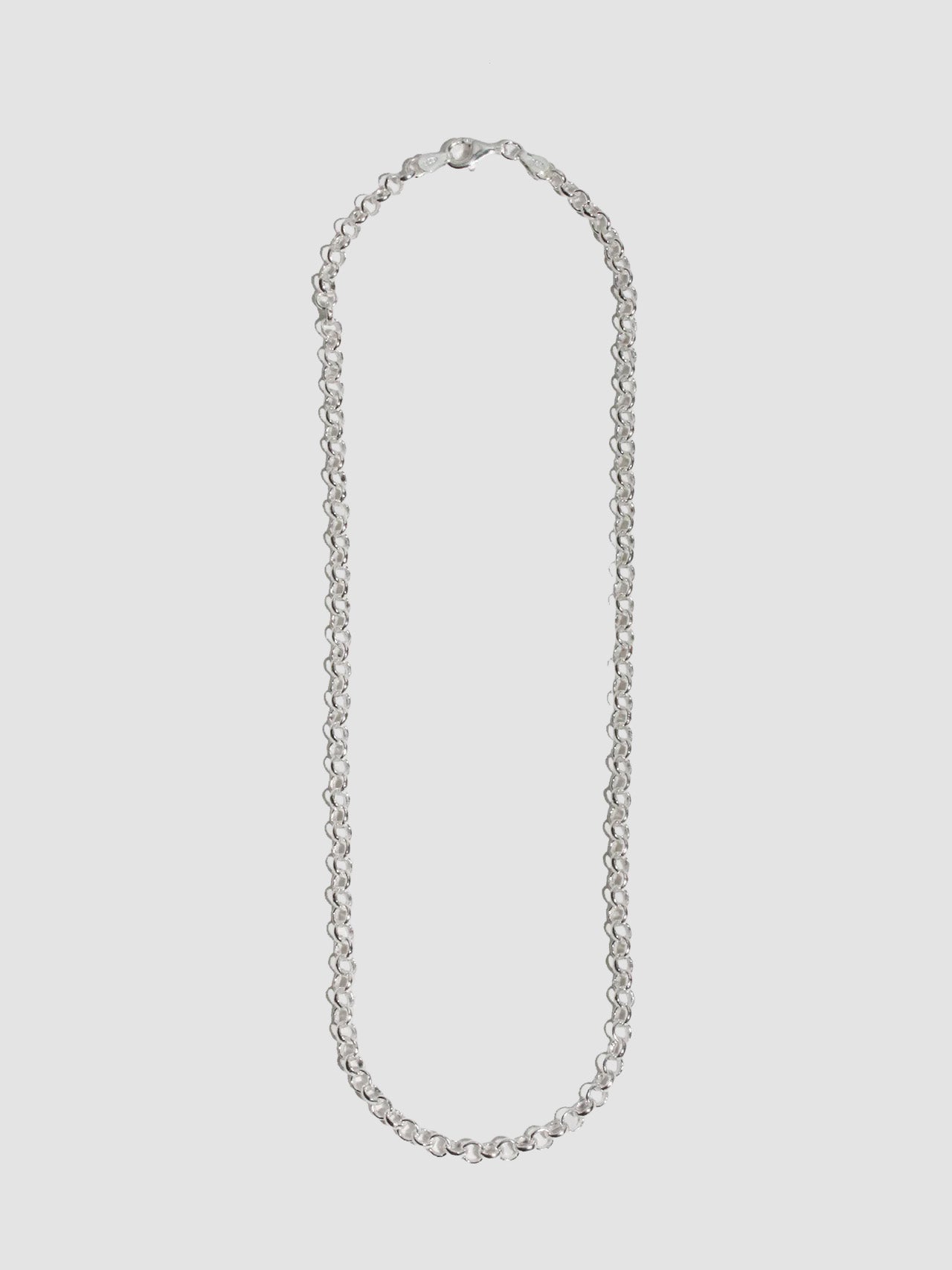 Sterling Silver Rolo Chain Necklace pictured on light grey background. 