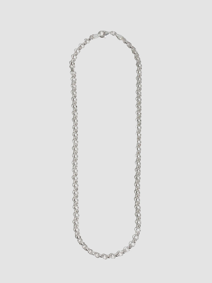 Sterling Silver Rolo Chain Necklace pictured on light grey background. 