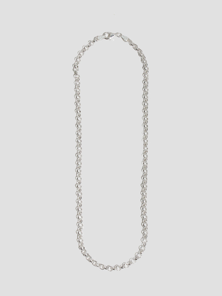 Sterling Silver Rolo Chain Necklace pictured on light grey background. 