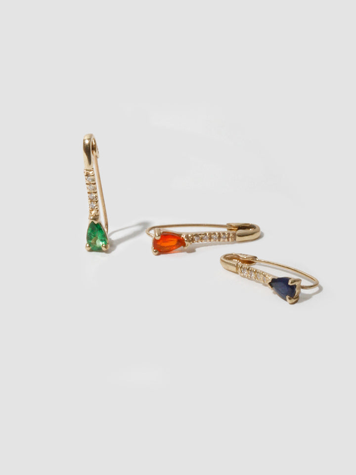 14kt Yellow Gold Mini Diamond Fire Opal Safety Pin pictured with the Tsavorite and Dark Blue Sapphire. 