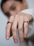14kt Yellow Gold Eternity Dome Ring pictured on models pinky finger. 