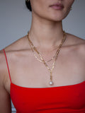 14kt Yellow Gold Pearl Pendant clipped on to XL Boxy Long Link Chain Necklace