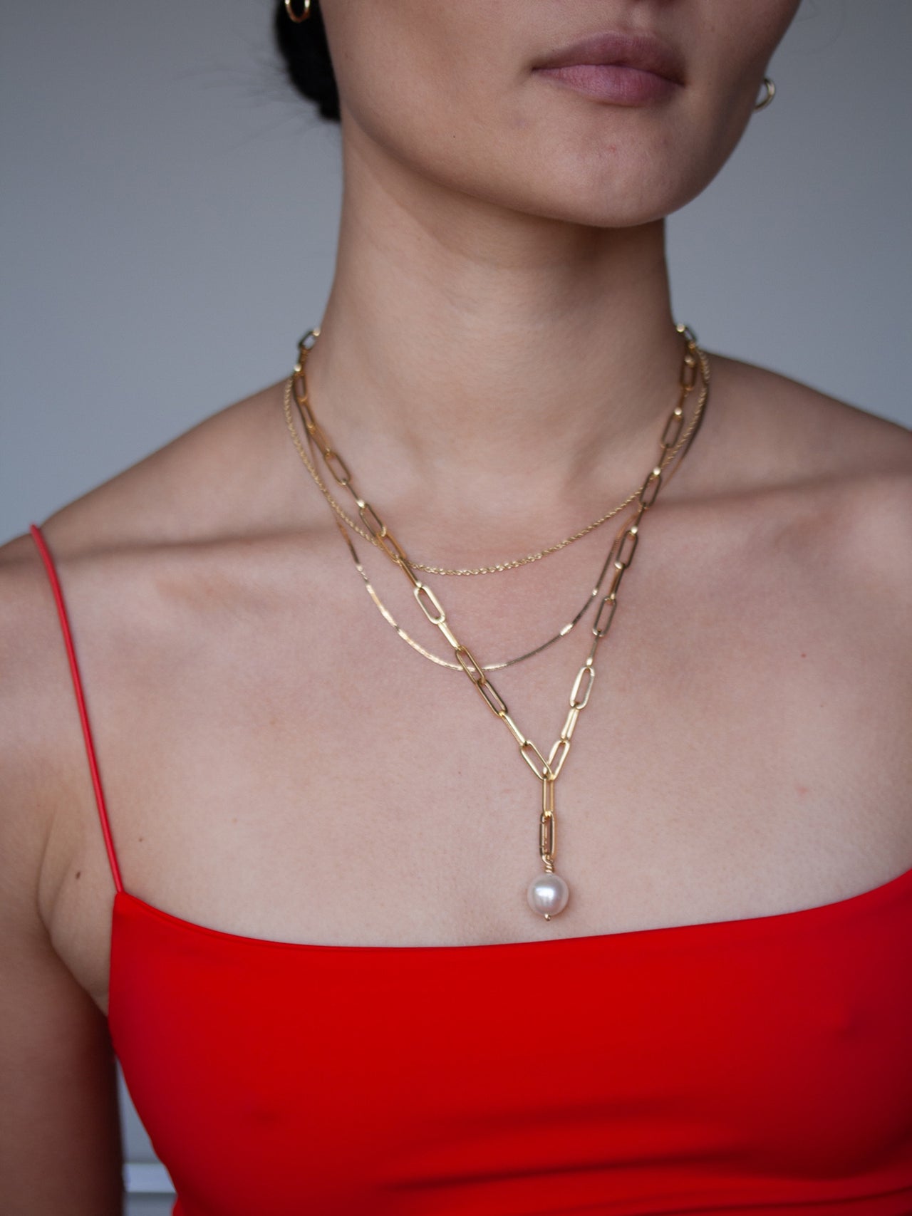 14kt Yellow Gold Pearl Pendant clipped on to XL Boxy Long Link Chain Necklace