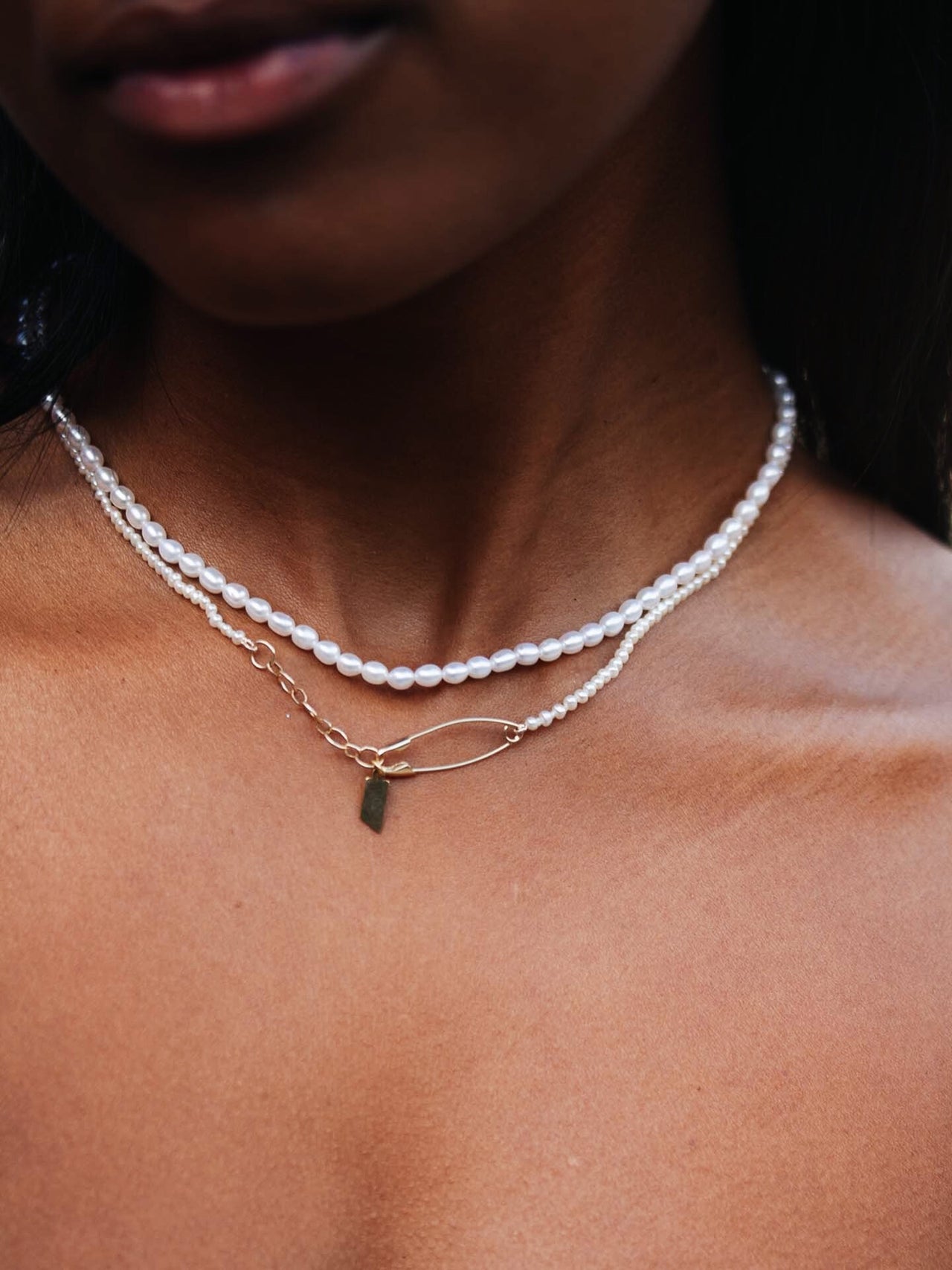 Seed Pearl Safety Pin Choker Necklace pictured on model. 