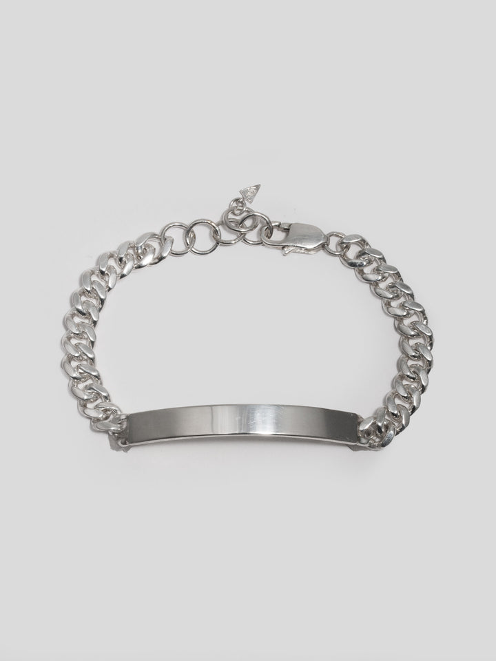 Sterling Silver Industrial ID Bracelet pictured on light grey background. 