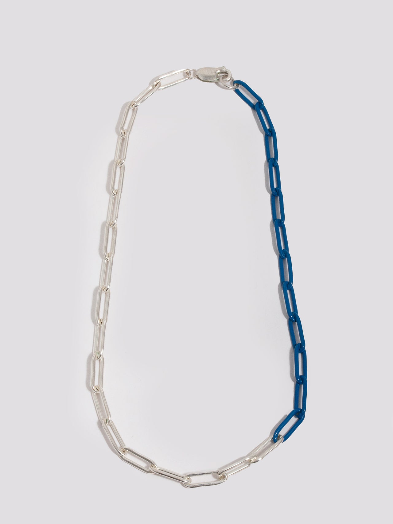 Sterling Silver &amp; Blue XL Long Link Choker pictured on white background.
