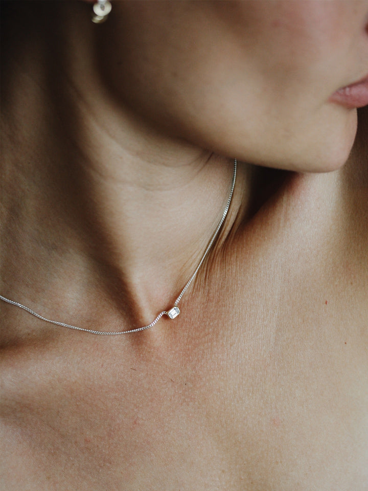 Mixed Metal Emerald Cut Floating Diamond Necklace