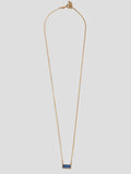 Product image of 10kt yellow gold thin chain necklace with thin green rectangular gemstone on white background.