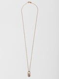 14kt Yellow Gold Mini Long Link Chain Padlock Necklace pictured on light grey background.