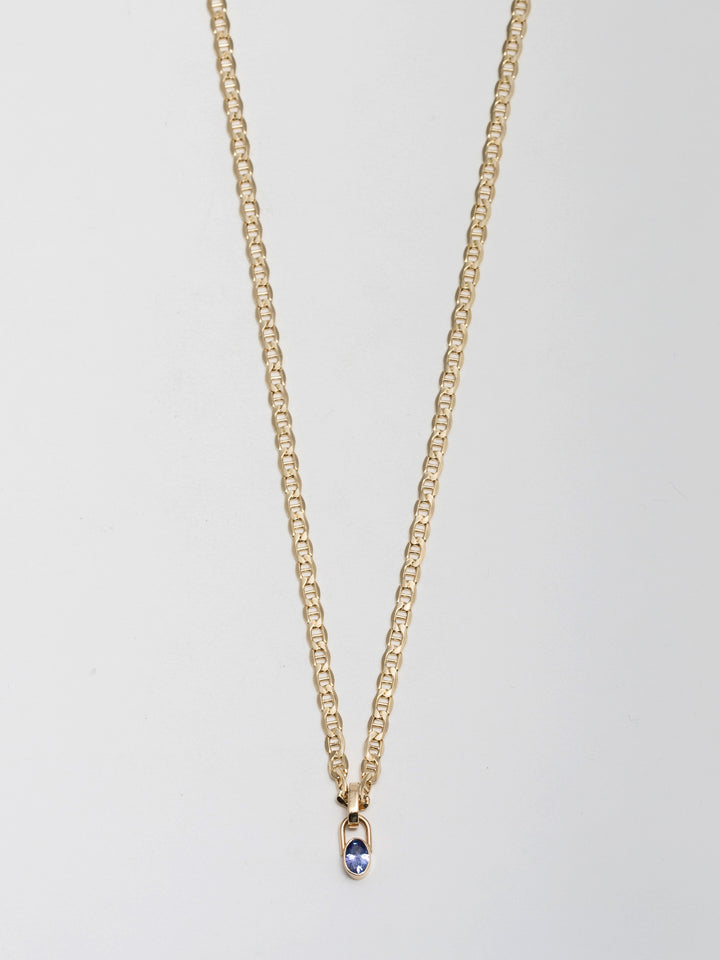 14kt Yellow Gold Padlock Gem Necklace pictured on light grey background.