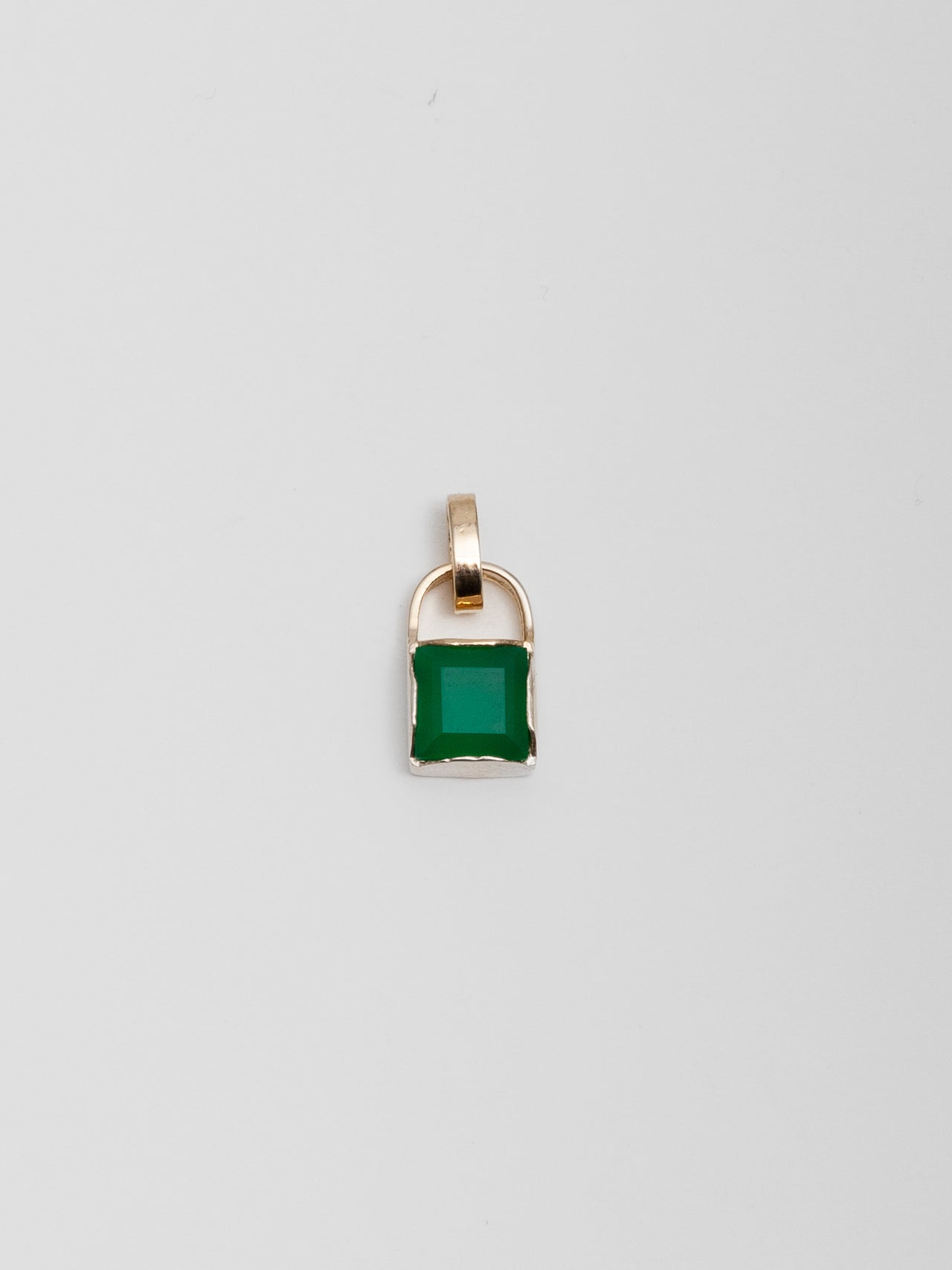 14kt Yellow Gold Green Onyx Padlock Pendant pictured on light grey background.
