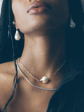 Sterling Silver Bar Link Chain & Pearl Necklace pictured on model. Closer up. 