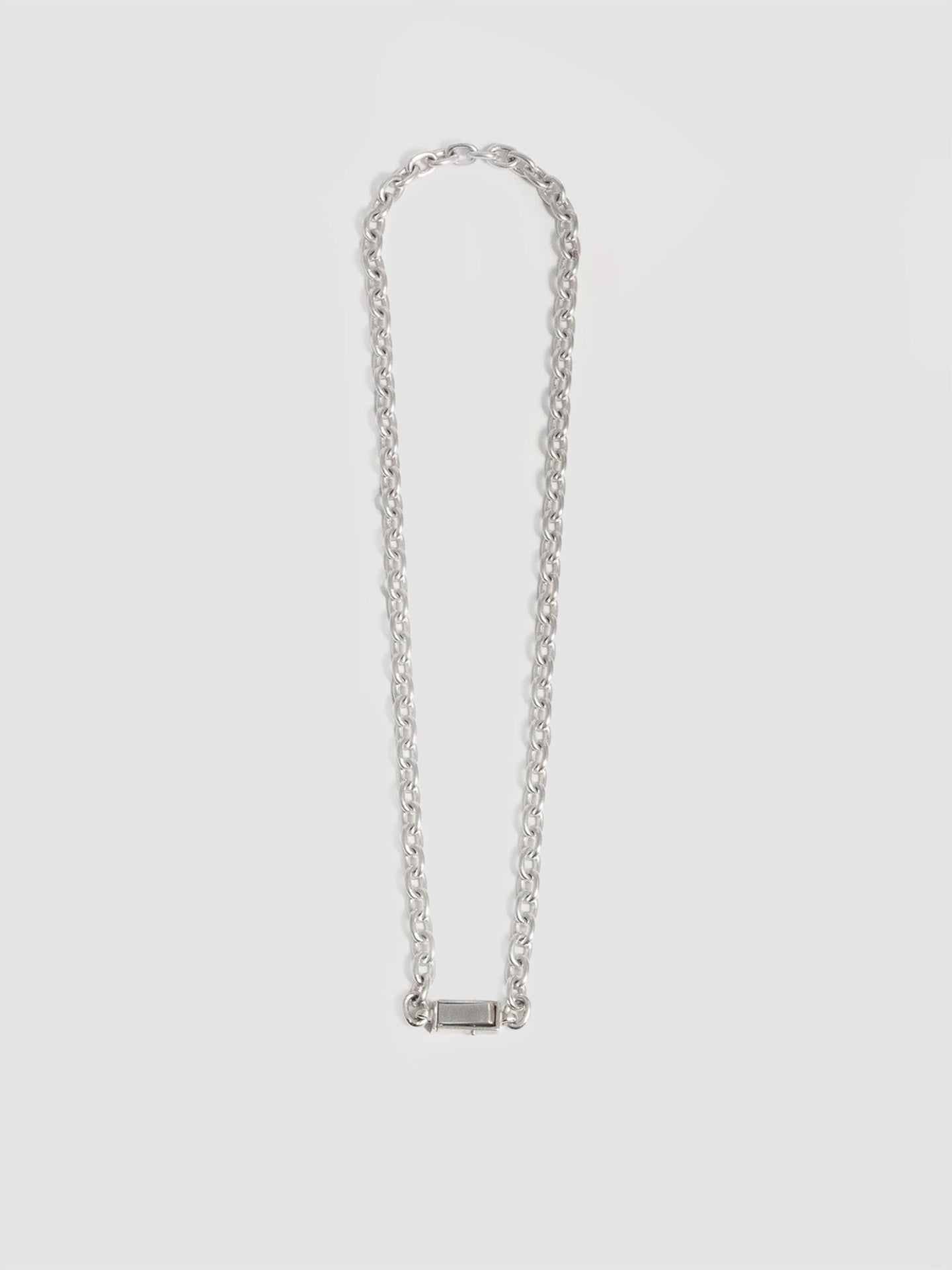 Silver Box Lock Cable Chain pictured on light grey background. 