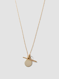 14Kt Yellow Gold Disk and Toggle Necklace pictured on light grey background.