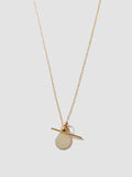 14Kt Yellow Gold Disk and Toggle Necklace pictured on light grey background.