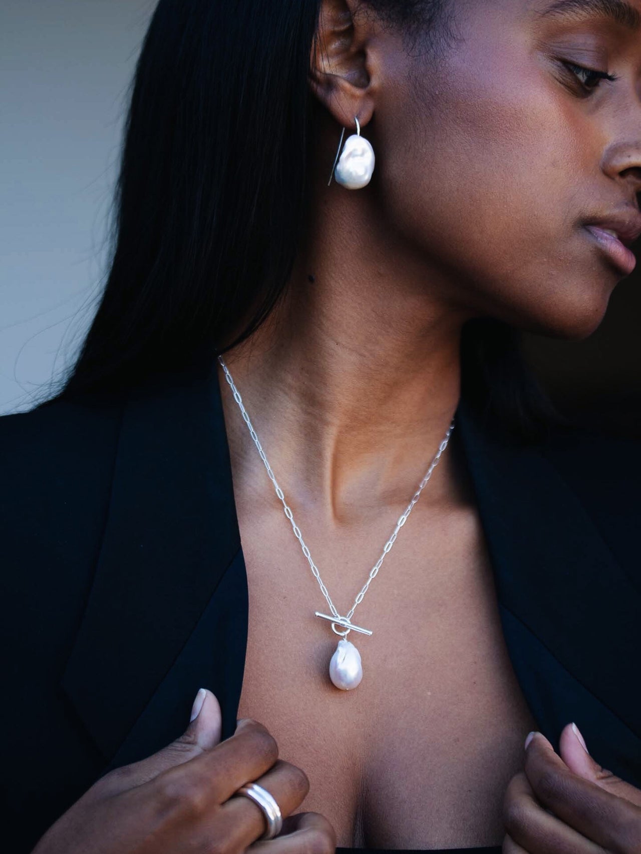 Sterling Silver Long Link & Pearl Toggle Necklace pictured on model. 