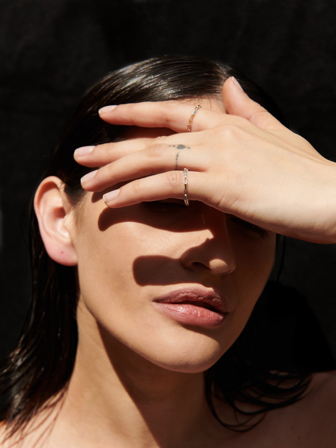 Sterling Silver Chain Ring shot on model.