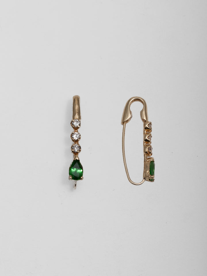 14kt Yellow Gold Gemstone Safety Pin Earring pictured on light grey background as a pair. 