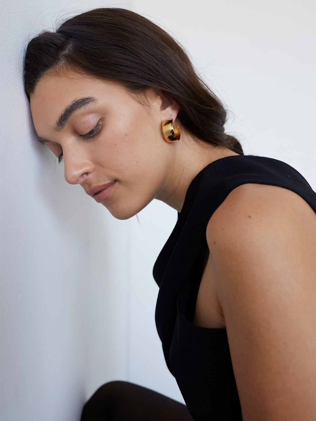 Vermeil Midi XL Dome Hoops pictured on model. White background.