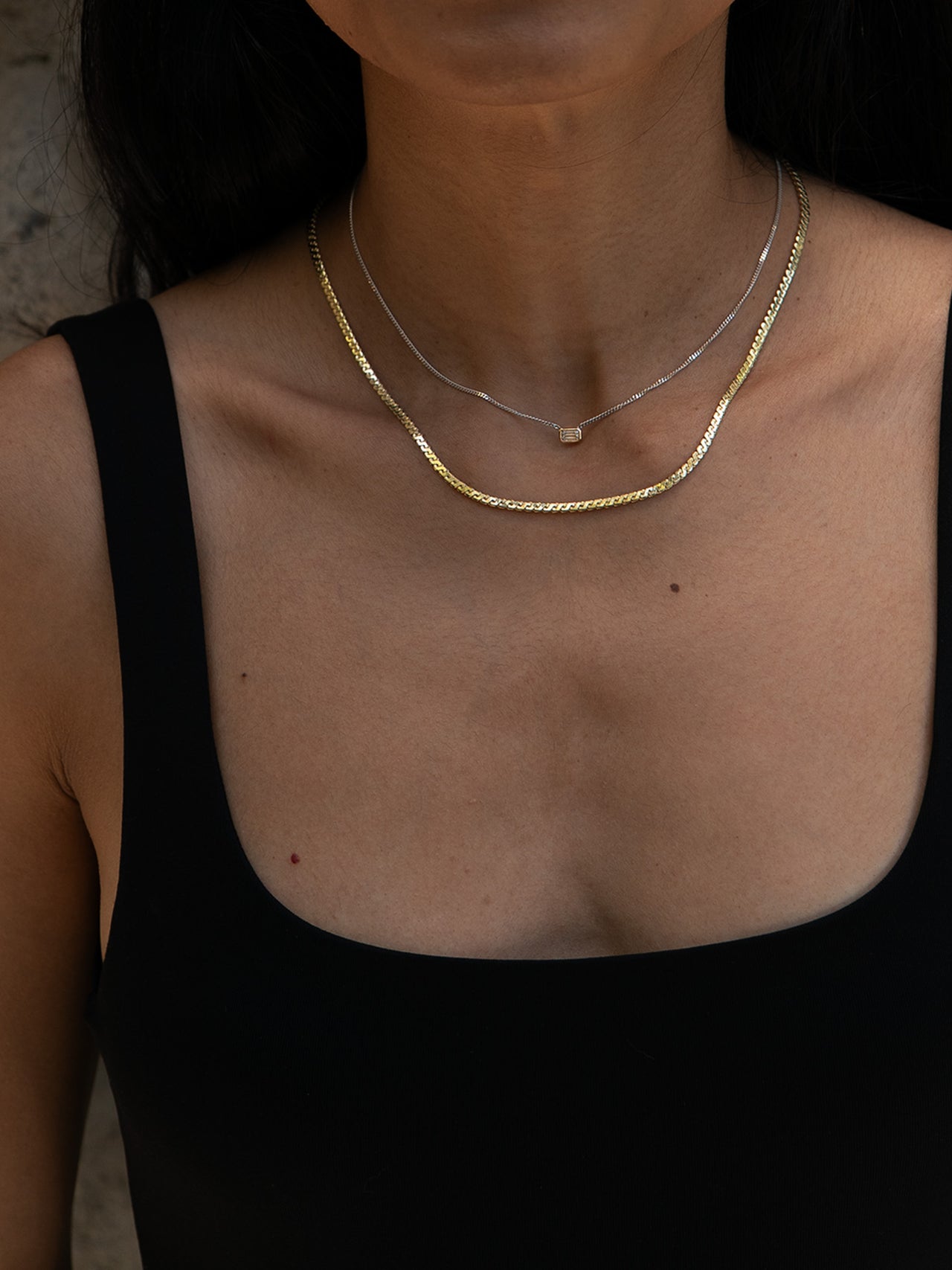 Mixed Metal Emerald Cut Floating Diamond Necklace