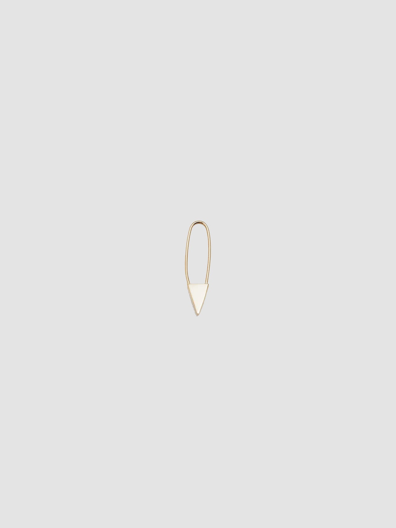 Mini Triangle Safety Pin Earring in Yellow Gold, light grey background.